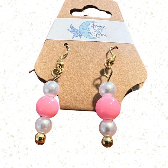 Pink Glass and Pearl White Beaded Drop Earrings - Picture 1 of 2